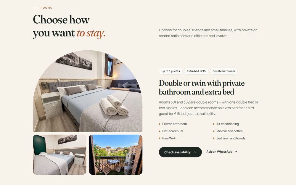 Web de Itinere Rooms: habitaciones con fotos, servicios y reserva